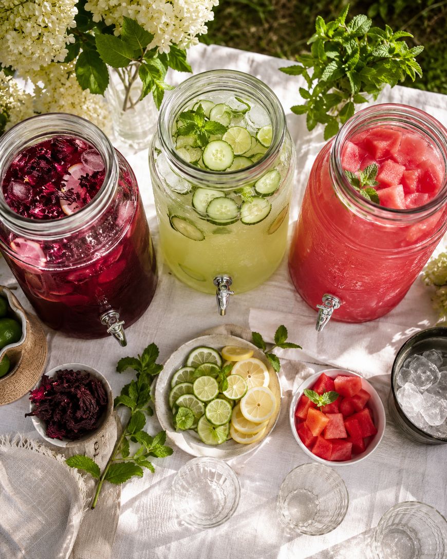 Three glass drink dispensers filled with colorful beverages—one red with flowers, one green with cucumber slices, and one pink with watermelon—sit on a white cloth, surrounded by lemon, lime, mint, and watermelon slices.