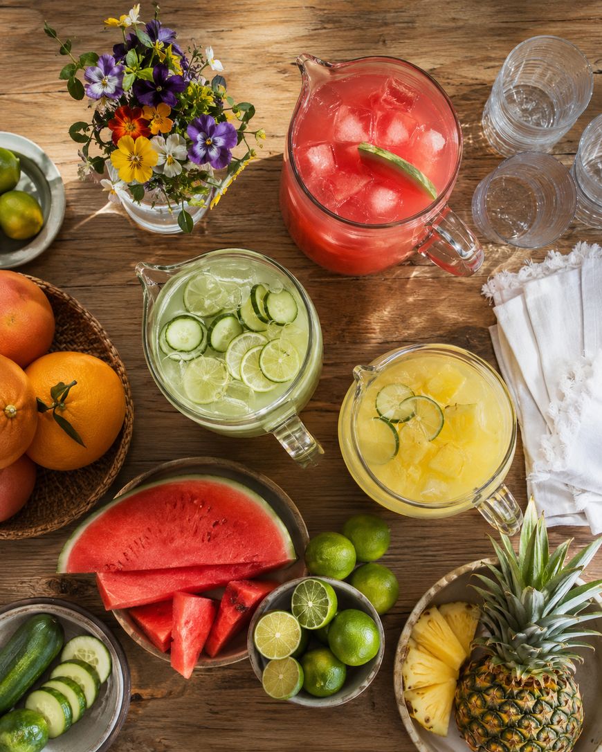 A wooden table set with three pitchers of colorful drinks—red, yellow, and green—with sliced fruits and ice, surrounded by fresh fruits, sliced watermelon, limes, a pineapple, cucumbers, and a small bouquet of flowers.