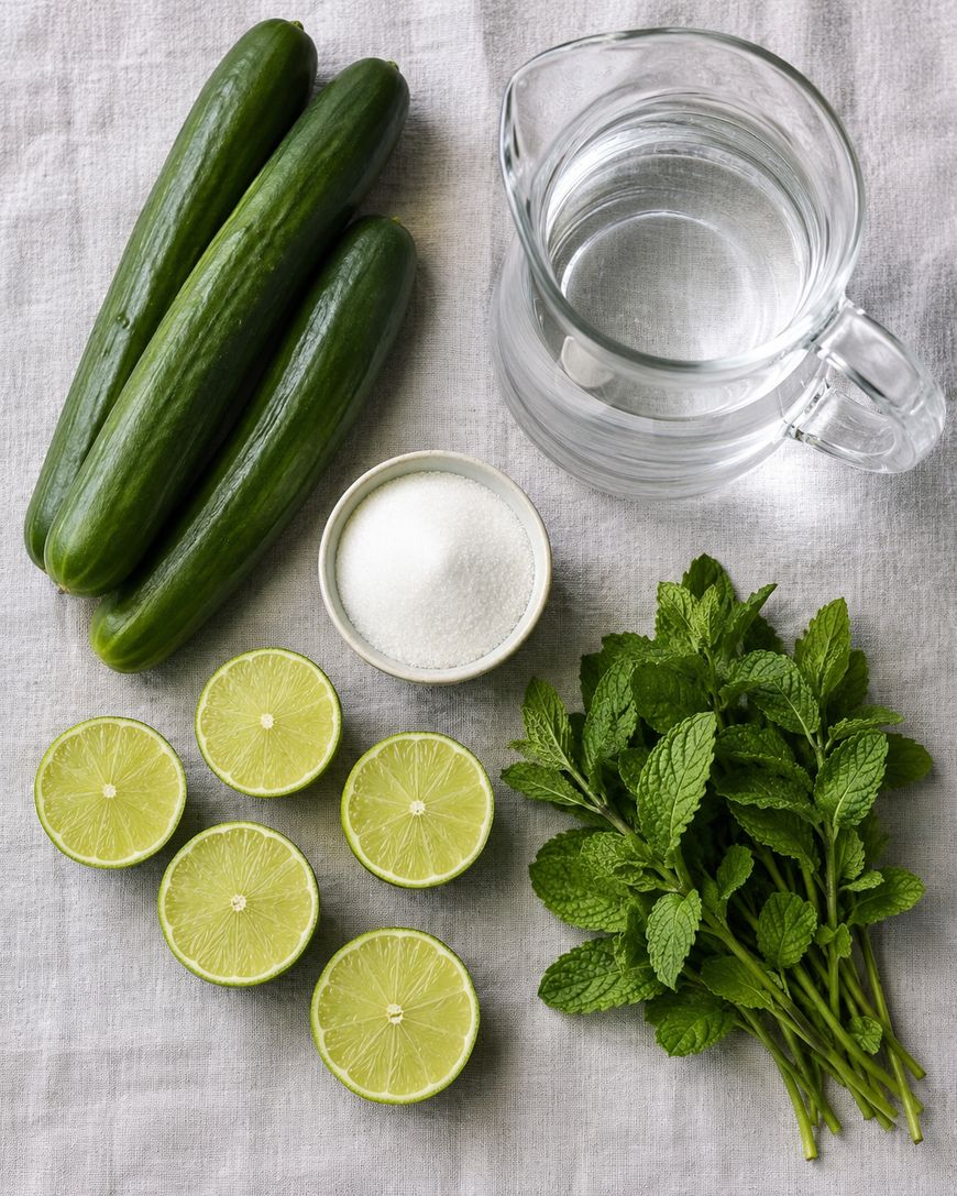 Three whole cucumbers, a glass pitcher of water, a bowl of sugar, four lime halves, and a bunch of fresh mint leaves arranged on a light cloth.