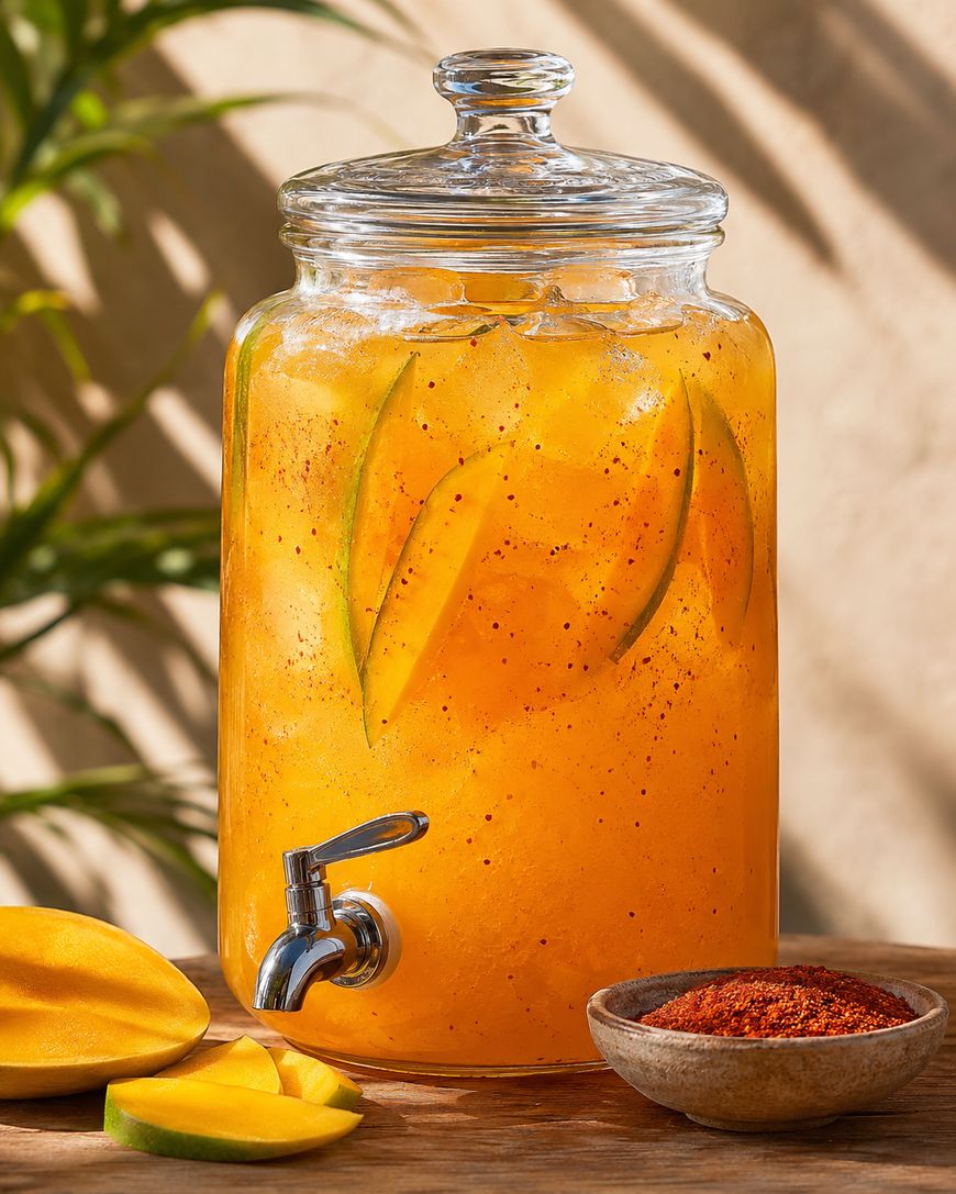 A glass drink dispenser filled with icy mango agua fresca, garnished with mango slices and chili powder. A sliced mango and a bowl of chili powder sit on the wooden table nearby. Sunlight and plant shadows are in the background.