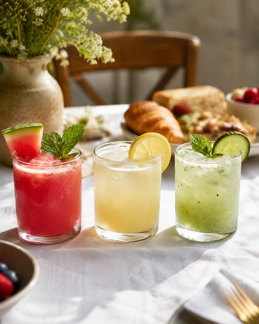 Three colorful drinks in clear glasses sit on a white tablecloth: a red watermelon drink with mint and a watermelon slice, a yellow drink with a lemon slice, and a green drink with mint and a cucumber slice. Food and flowers are in the background.