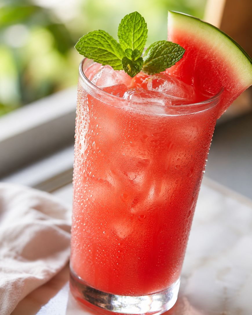 A tall glass filled with a bright red, icy watermelon drink, garnished with a fresh mint sprig and a wedge of watermelon on the rim. Dew drops cover the outside of the glass, giving a refreshing look.