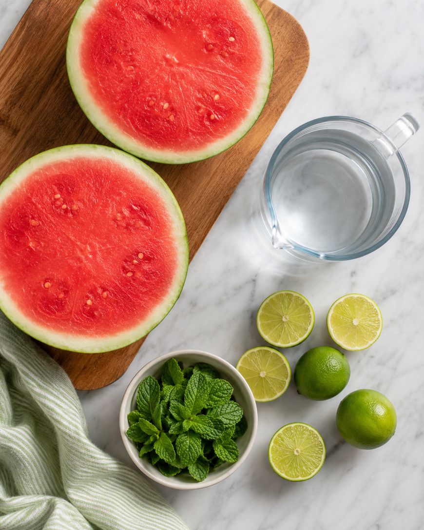A marble surface with two watermelon halves on a wooden board, a glass pitcher of water, several halved and whole limes, a bowl of fresh mint leaves, and a green striped cloth.