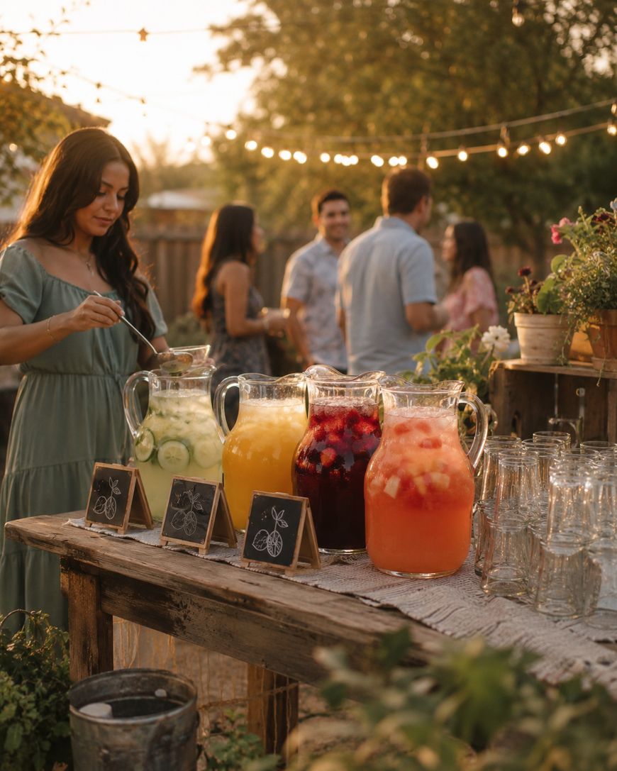A woman in a green dress scoops a drink from a glass pitcher at an outdoor gathering. Four pitchers of colorful drinks are on a rustic table, with glass jars, chalkboard signs, and string lights in the background.