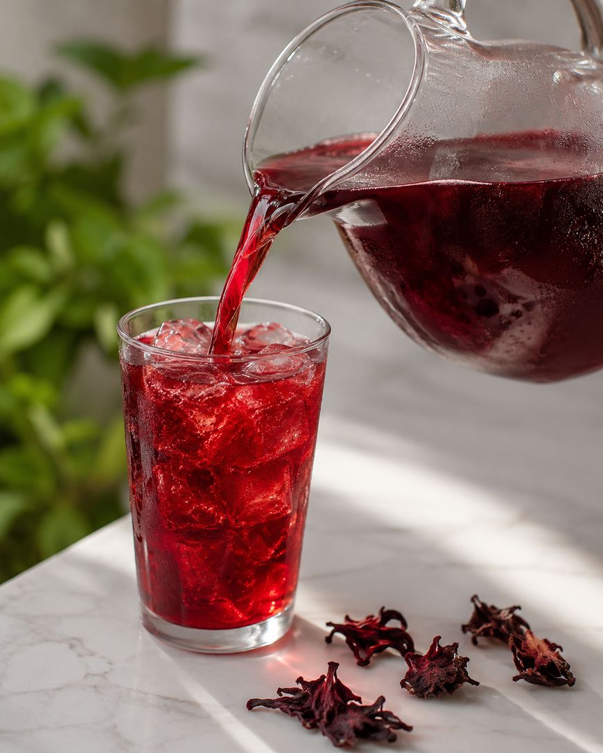 A glass filled with ice is being poured with a deep red beverage from a glass pitcher. Hibiscus flowers are scattered on the white marble surface beside the glass. Green leaves are blurred in the background.