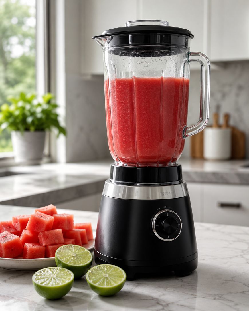 A blender filled with red watermelon juice sits on a kitchen counter, with cubed watermelon and halved limes nearby; a plant and kitchen utensils are in the background.