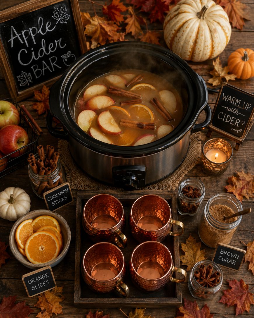 A cozy autumn setup features a crockpot of apple cider with apple slices, orange slices, and cinnamon sticks, surrounded by copper mugs, jars of cinnamon sticks, orange slices, brown sugar, pumpkins, apples, and fall leaves.