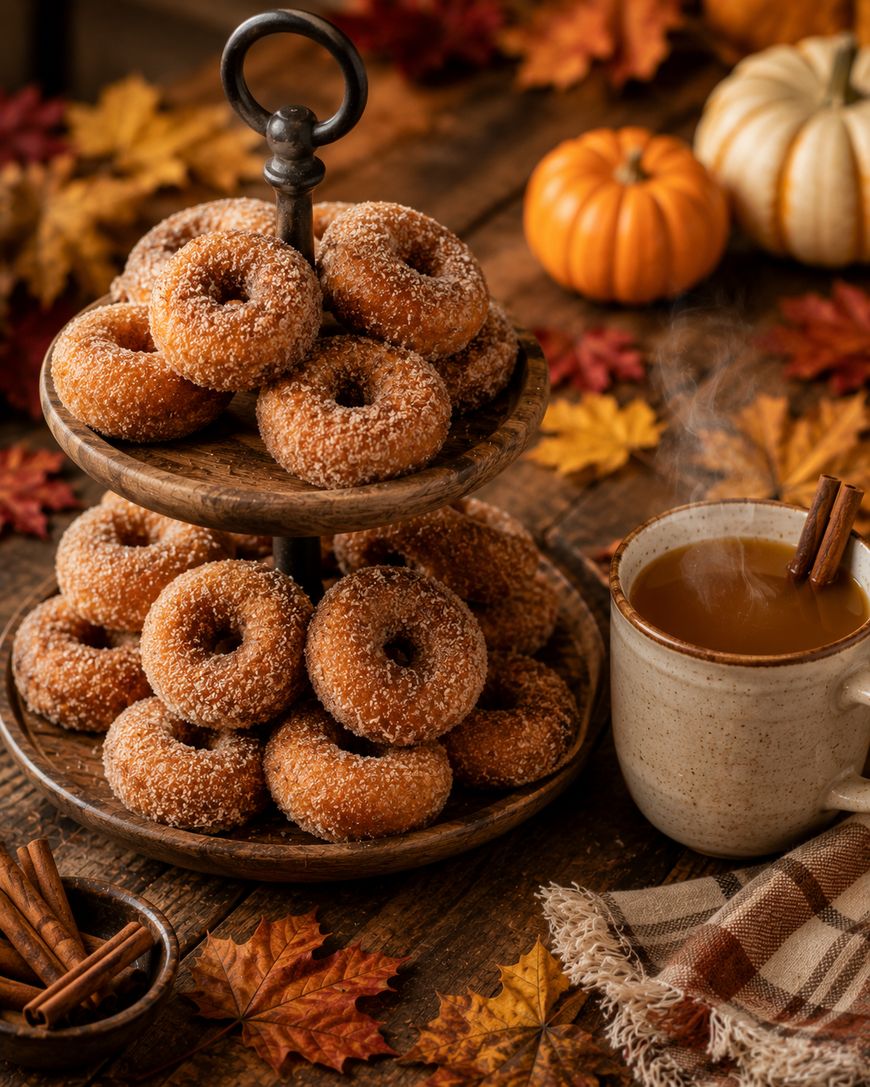 A rustic two-tiered tray filled with sugar-coated donuts sits on a wooden table surrounded by autumn leaves, mini pumpkins, and a steaming mug of hot cider garnished with a cinnamon stick.