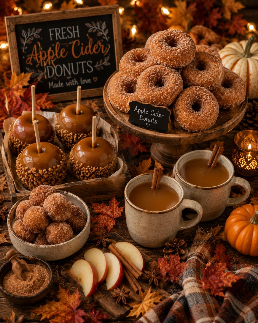 A cozy autumn scene with apple cider donuts, caramel apples, apple slices, spiced donuts, and two mugs of apple cider with cinnamon sticks, surrounded by pumpkins, candles, orange leaves, and festive fall decor.