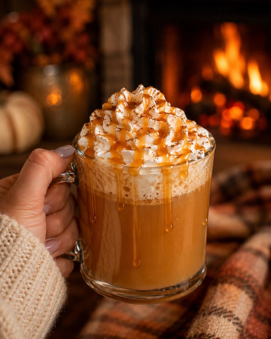 A hand in a cozy sweater holds a glass mug of coffee topped with whipped cream and caramel drizzle, with a warm fireplace and autumn decor in the background.