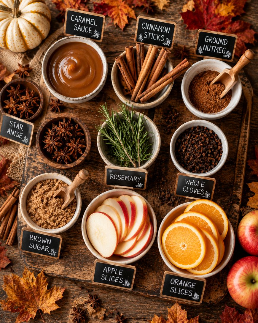 A wooden table displays labeled bowls of caramel sauce, cinnamon sticks, ground nutmeg, star anise, rosemary, whole cloves, brown sugar, apple slices, and orange slices, surrounded by autumn leaves and small pumpkins.
