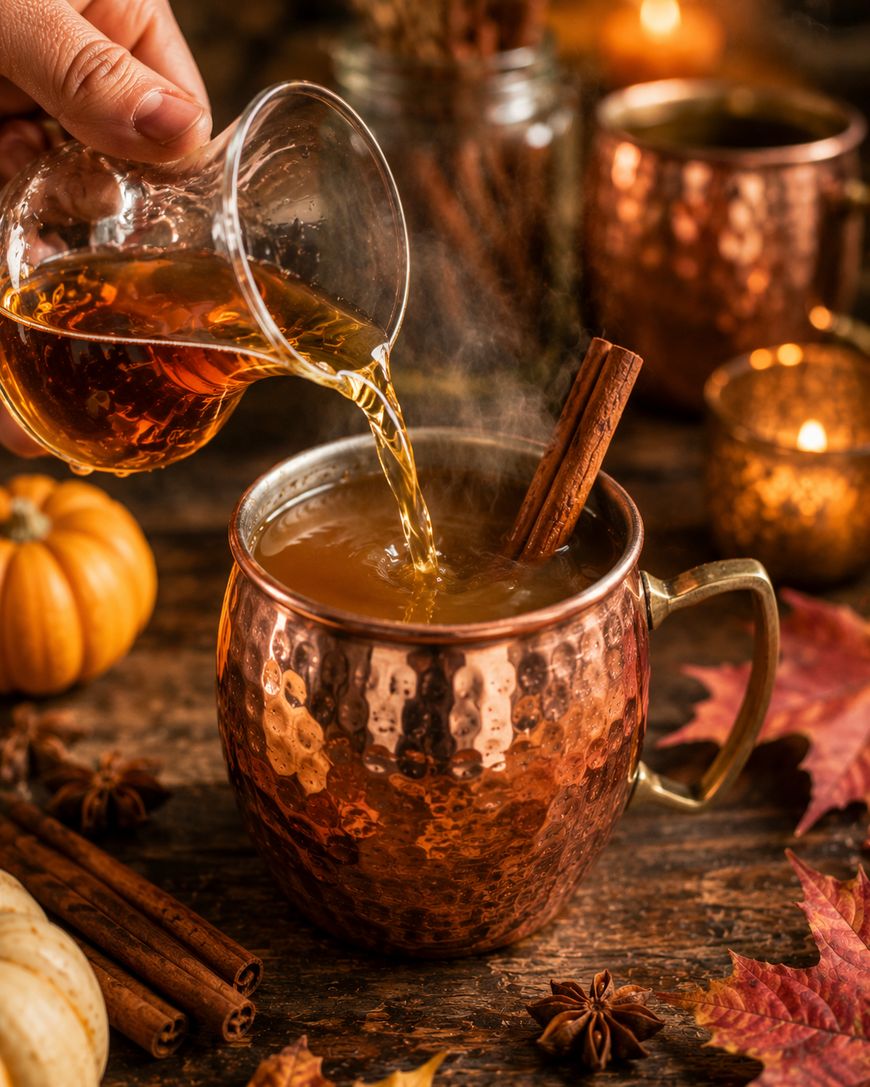 A hand pours a warm spiced drink from a glass pitcher into a copper mug with a cinnamon stick, surrounded by autumn leaves, small pumpkins, and candles on a rustic wooden table.