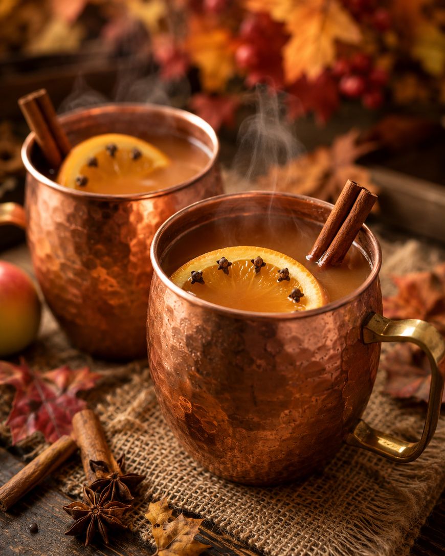 Two copper mugs filled with steaming hot cider, garnished with orange slices studded with cloves and cinnamon sticks, are set on a burlap cloth surrounded by autumn leaves, apples, and spices.