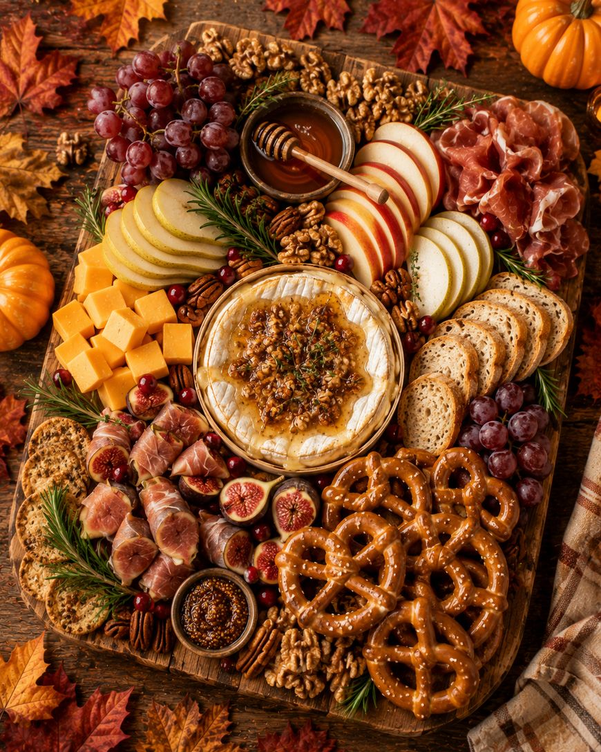 A festive charcuterie board with grapes, apple slices, cheeses, cured meats, figs, pretzels, walnuts, crackers, honey, and a baked cheese topped with relish, surrounded by autumn leaves and mini pumpkins.