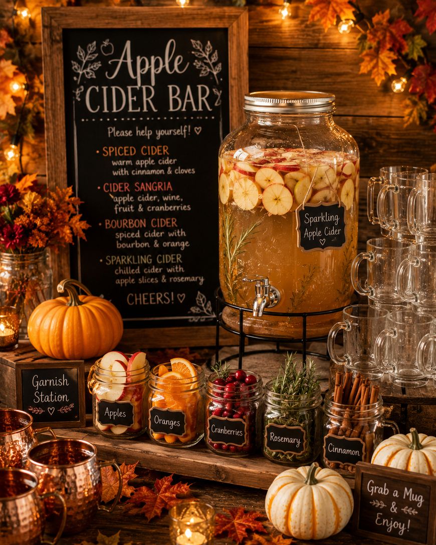 A festive apple cider bar setup with a large glass dispenser of sparkling apple cider, mugs, small pumpkins, garnishes like apples, oranges, cranberries, rosemary, cinnamon sticks, and a chalkboard menu with cider options. Warm string lights glow above.