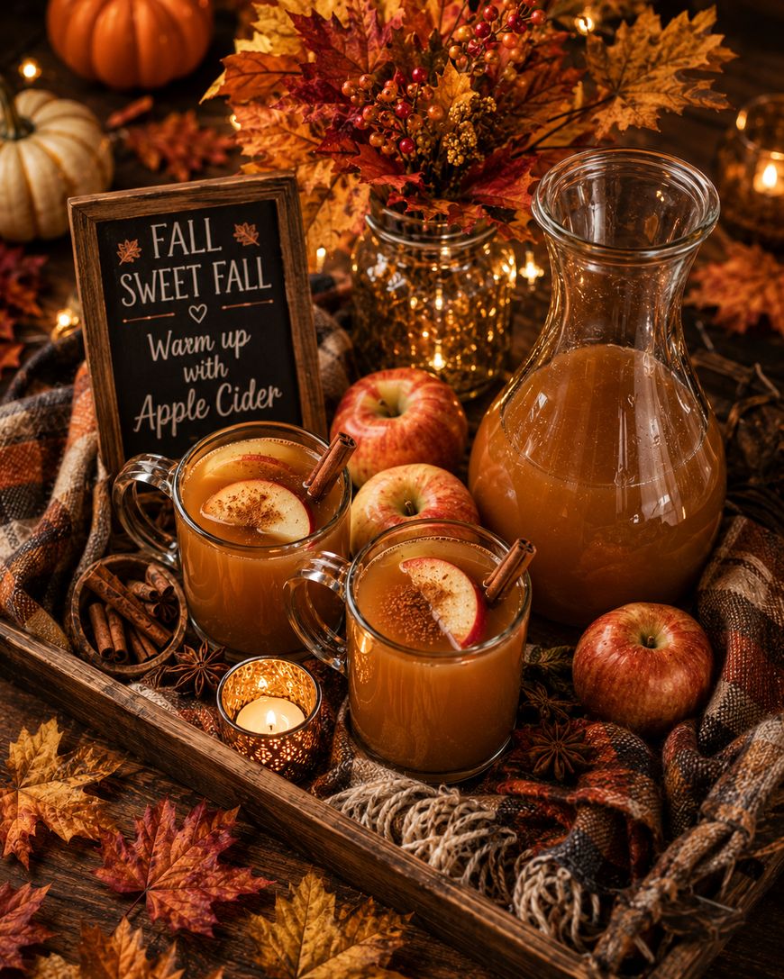 A tray with two mugs and a pitcher of apple cider, apples, cinnamon sticks, autumn leaves, a candle, and a small chalkboard sign that says “Fall Sweet Fall, Warm up with Apple Cider,” surrounded by fall decor.