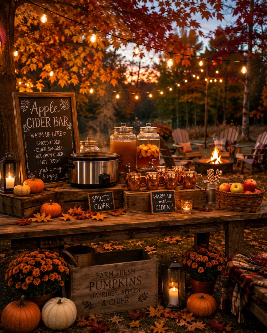 A cozy outdoor apple cider bar in autumn, with jars and dispensers of cider, pumpkins, flowers, a chalkboard menu, and string lights overhead. Firepit and Adirondack chairs are in the background among colorful fall trees.