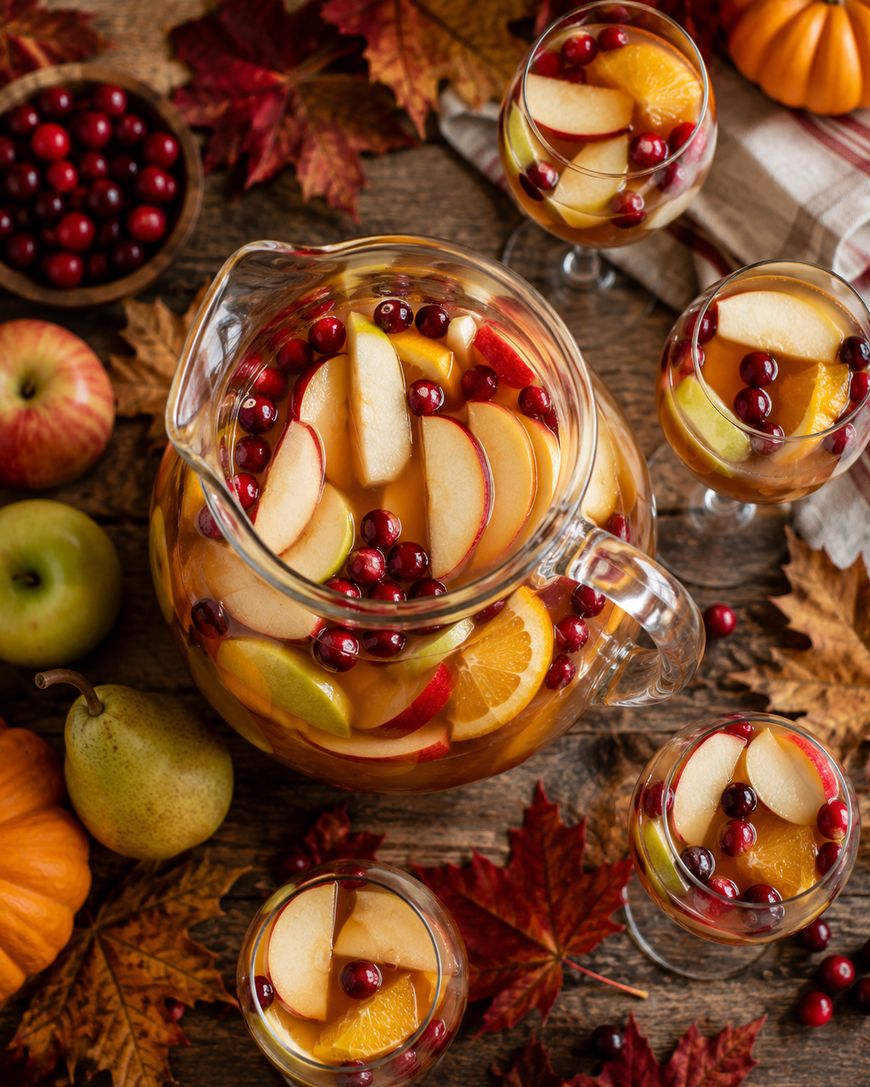 A glass pitcher and three glasses filled with autumn sangria, garnished with apple slices, orange slices, and cranberries, surrounded by apples, pears, pumpkins, cranberries, and fall leaves on a wooden table.