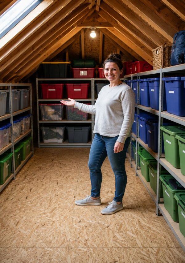 A woman stands smiling in an organized attic, gesturing to shelves lined with labeled storage bins—showcasing clever attic organization to maximize space. The wooden walls and skylight fill the room with warm, inviting light.