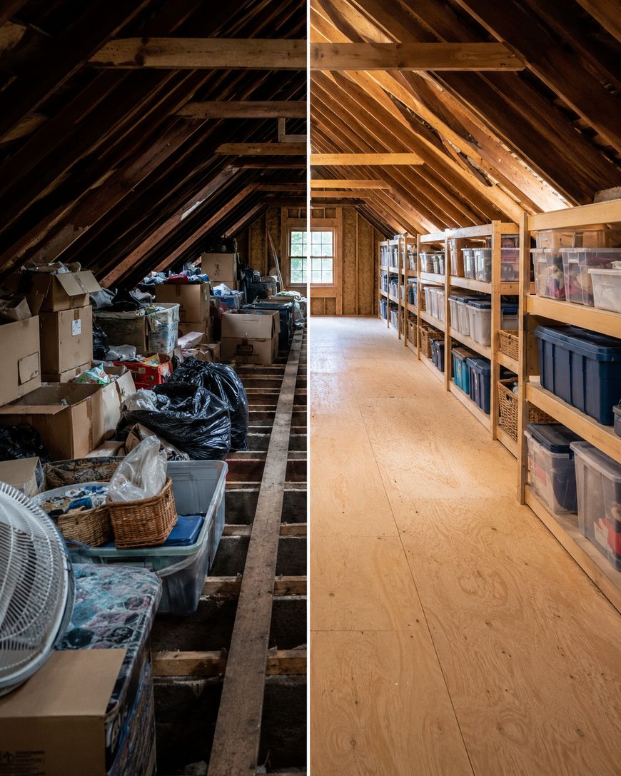 Split view of an attic before and after cleaning; the left side is cluttered with boxes and bags, while the right side is organized with plastic bins neatly stored on shelves along the wall.