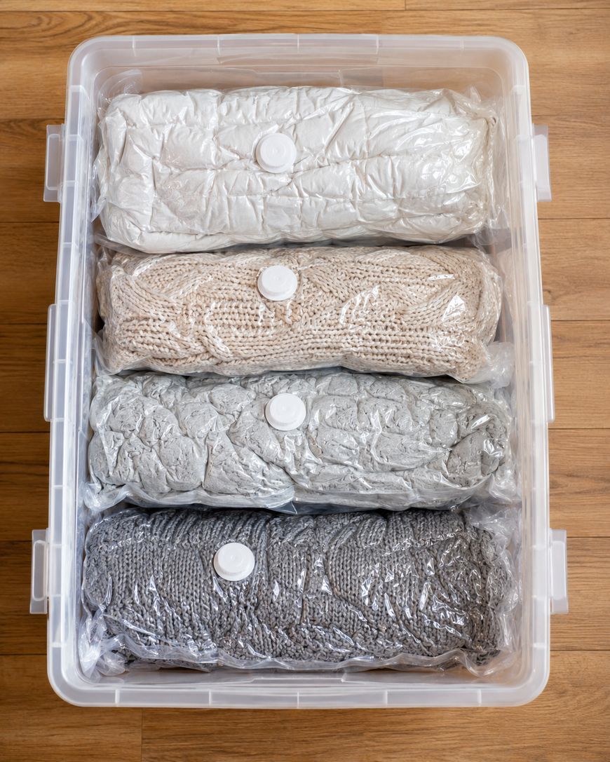 A clear plastic storage bin contains four vacuum-sealed bags, each holding rolled-up knitted or woven blankets in beige and gray tones, neatly stacked on top of each other. The bin is placed on a wooden floor.