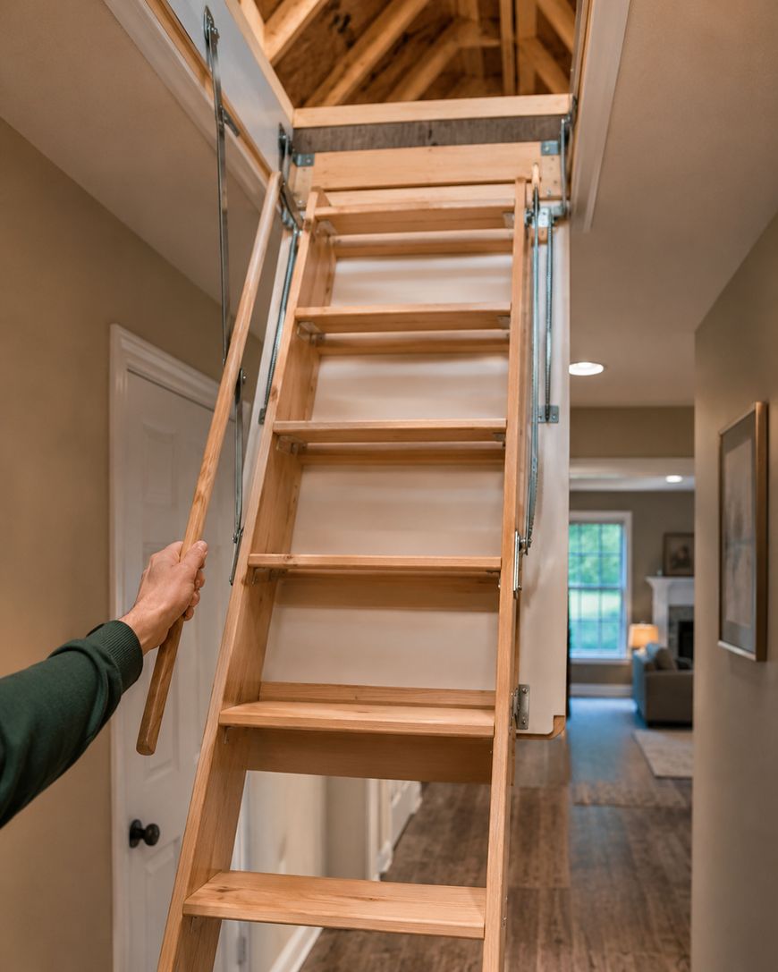 A person pulls down a wooden attic ladder with a pole in a hallway, revealing access to an attic with exposed beams. The hallway leads to a living area with windows and furniture visible in the background.