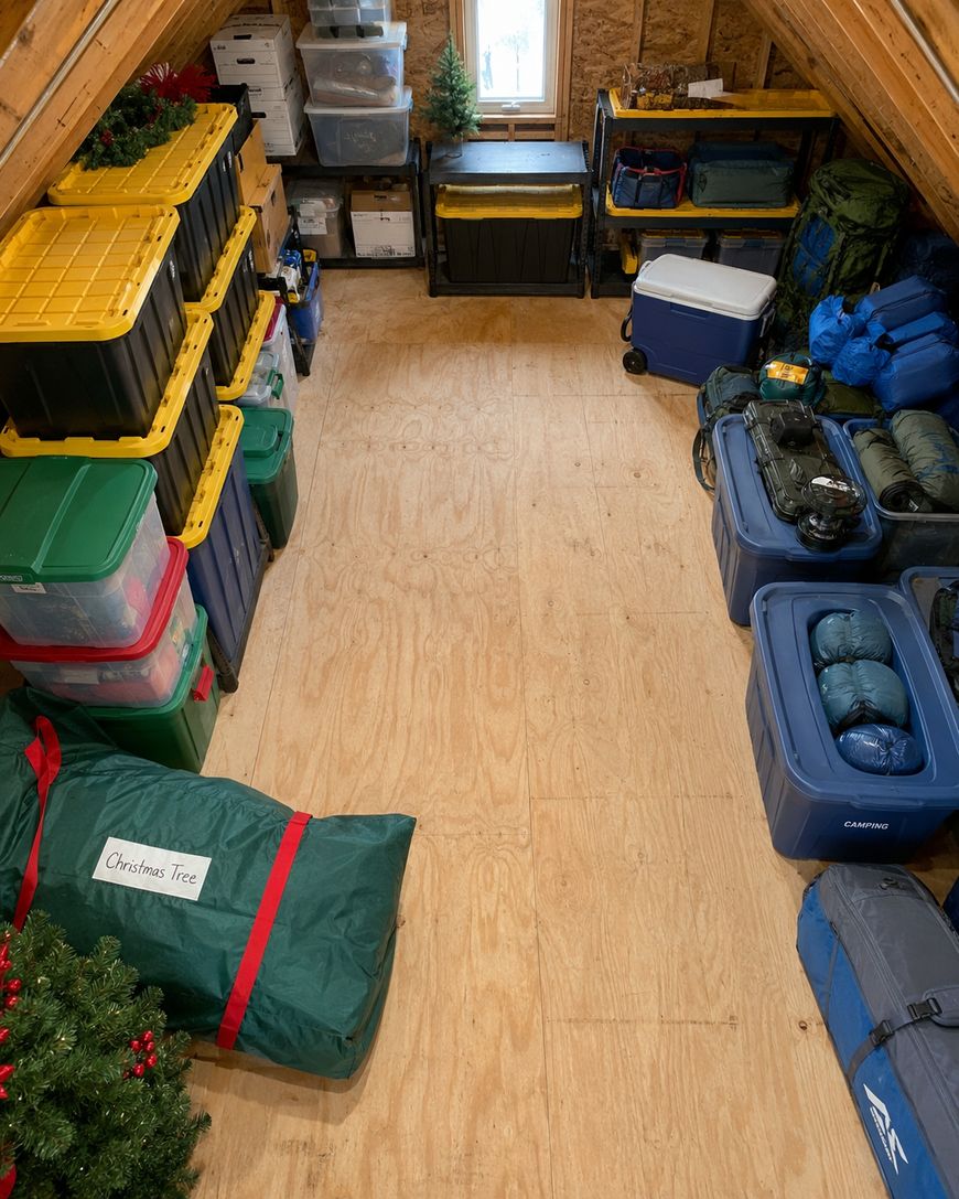 An organized attic with plastic storage bins, coolers, backpacks, and a green bag labeled Christmas Tree neatly arranged along the walls. A small window is at the far end, and the floor is clear and uncluttered.