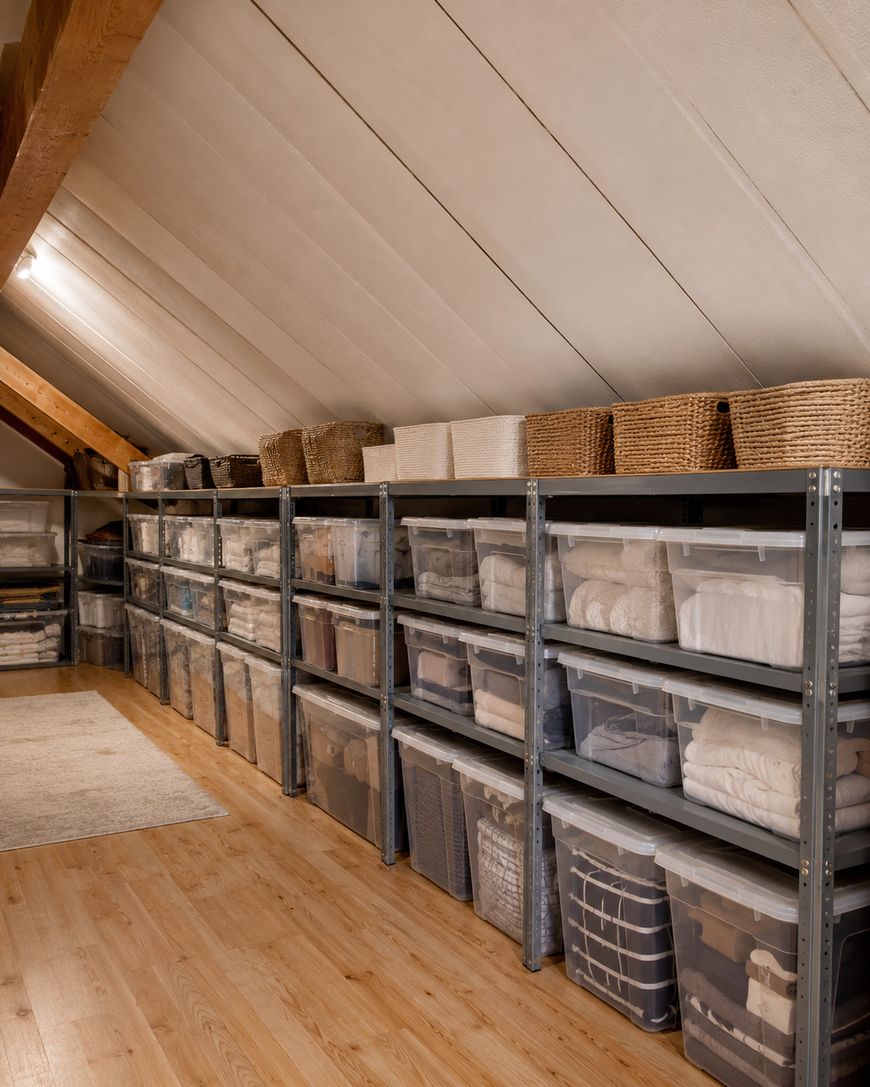 An organized attic storage space with metal shelves holding clear plastic bins filled with folded clothes and household items, and woven baskets on the top shelves. The room has a slanted ceiling and wooden floor.