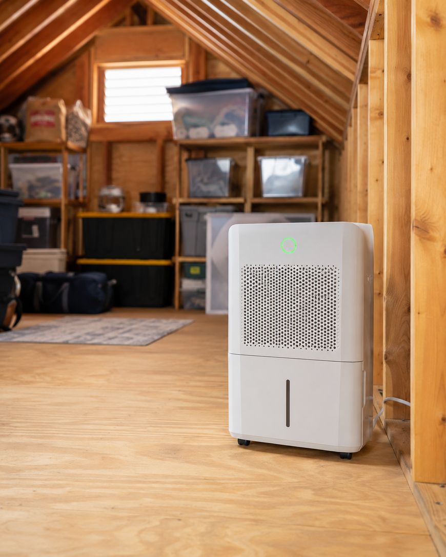 A white dehumidifier is running in a clean, organized attic with wooden walls and shelves holding storage bins and boxes. Natural light comes through a small window in the background.