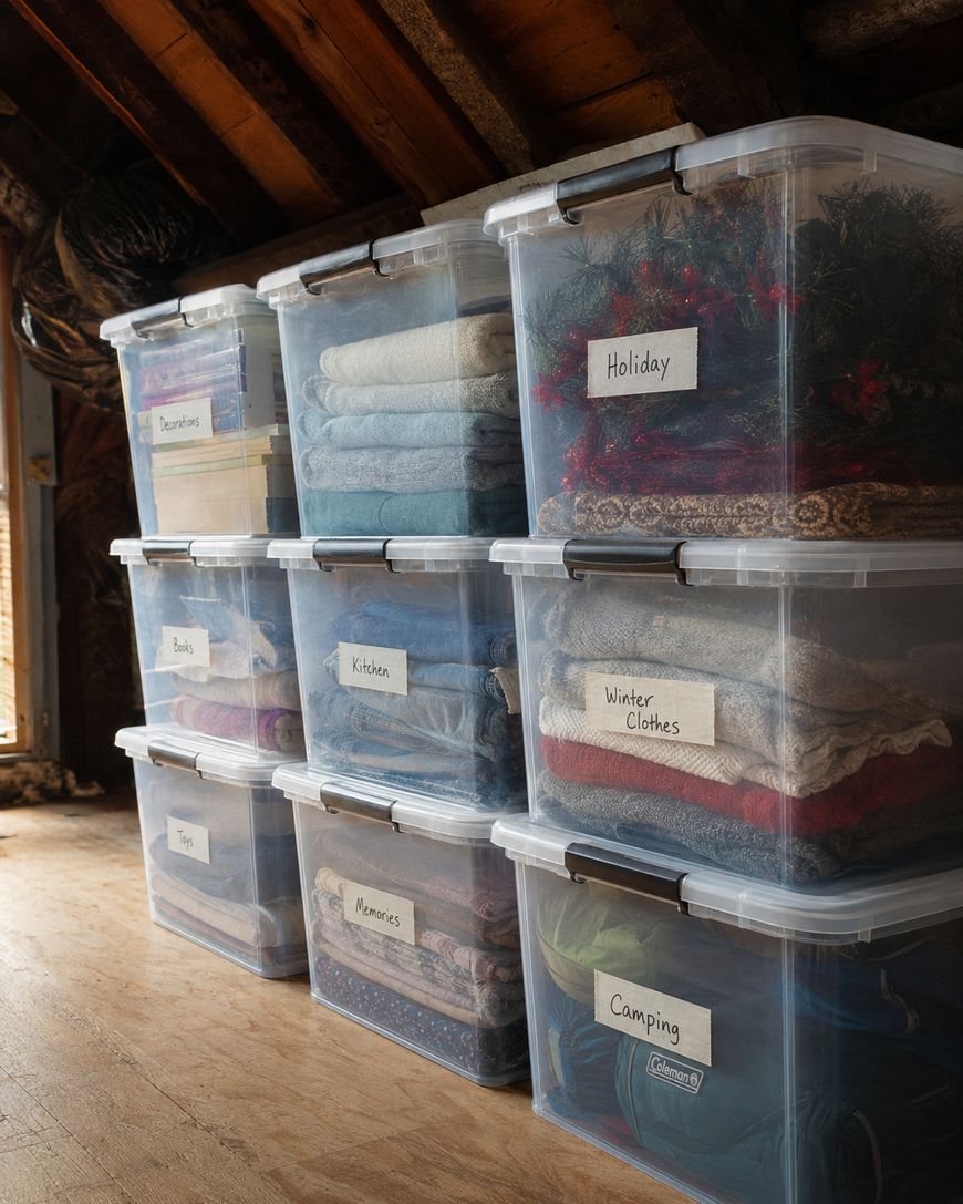 Eight clear plastic storage bins with white labels—labeled Holiday, Winter Clothes, Camping, Memories, Toys, Kitchen, Books, Decorations—stacked neatly in a wooden attic, each filled with various household items.