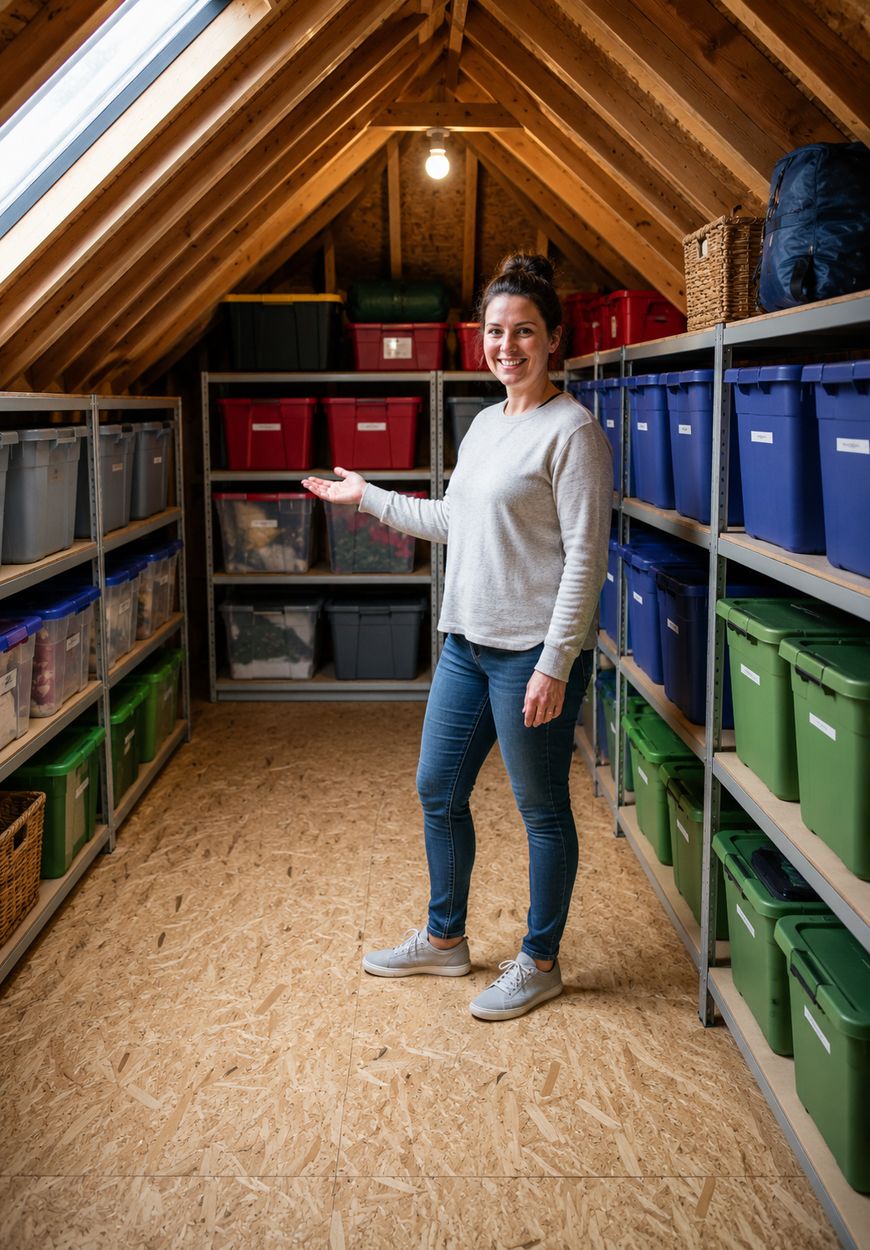 A woman stands in a tidy attic with wooden beams, smiling and gesturing toward neatly organized storage bins on metal shelves along both walls.