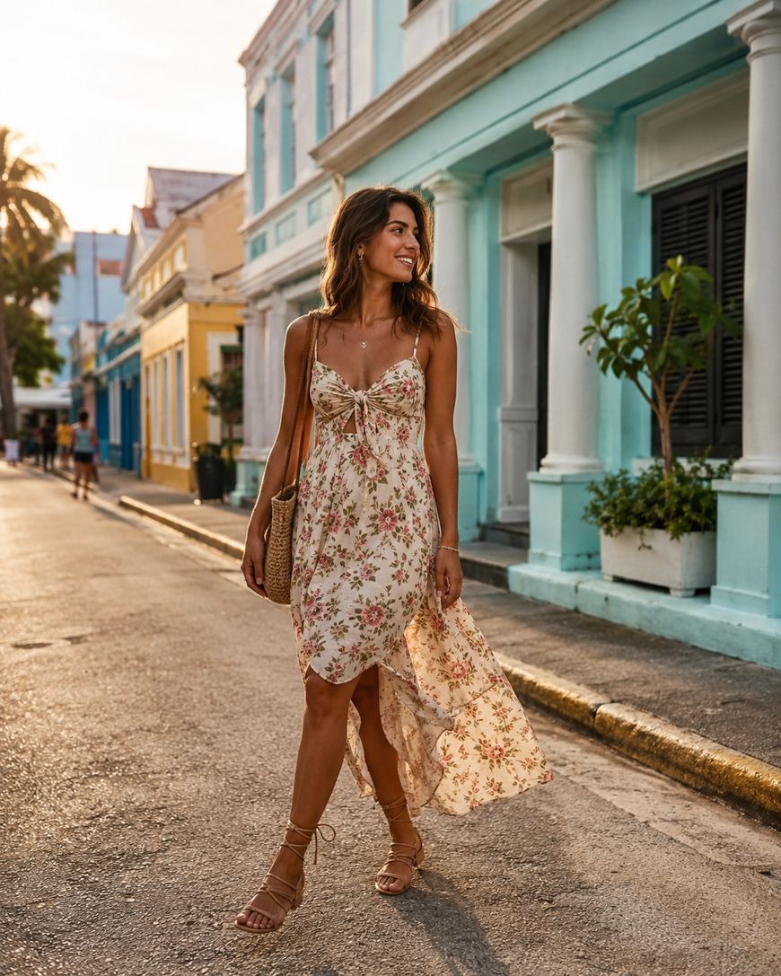 A woman in a flowy, floral sundress and sandals walks down a sunny street lined with colorful buildings, looking to the side and smiling. She carries a woven shoulder bag and the scene has a relaxed, summery vibe.