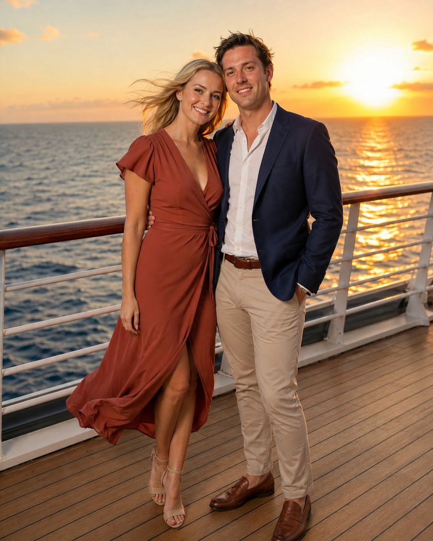 A smiling couple poses together on a ship deck at sunset. The woman wears a rust-colored dress and heels, and the man wears a navy blazer, white shirt, and beige pants. The ocean and bright sunset are in the background.