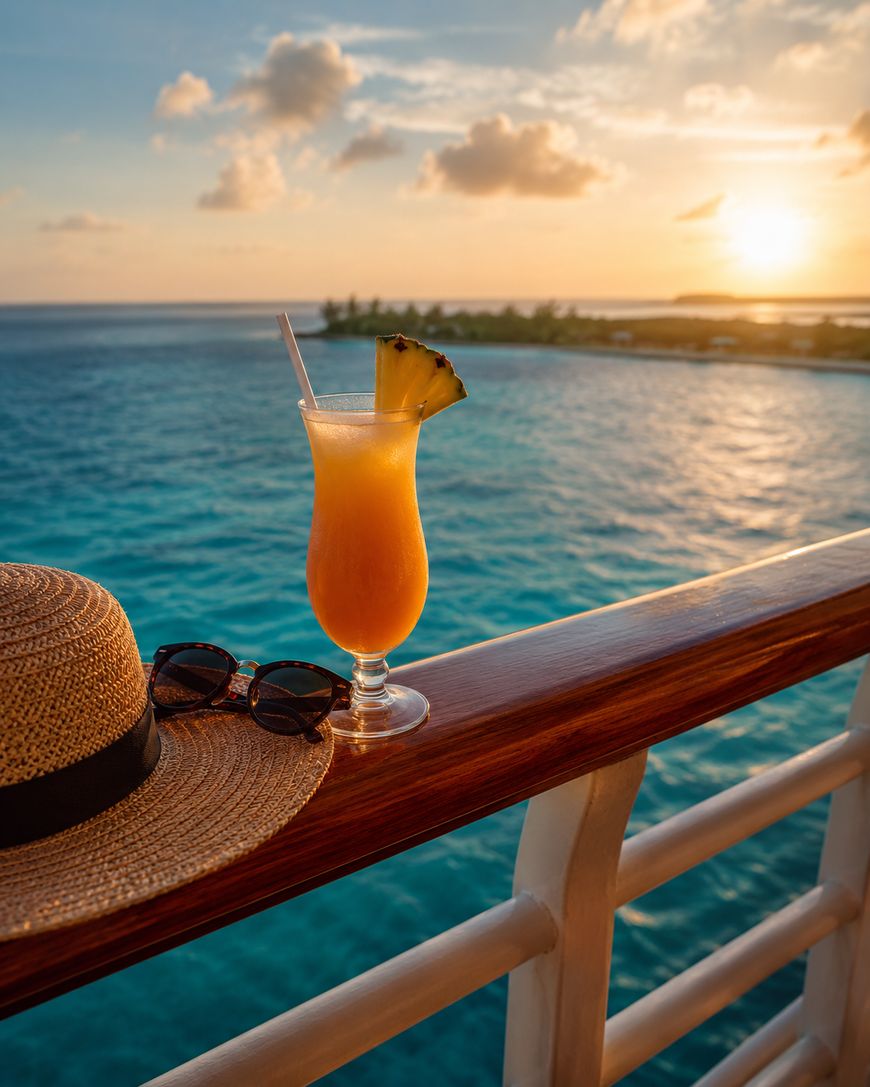 A tropical drink with a pineapple garnish sits on a railing next to a straw hat and sunglasses, overlooking the ocean at sunset with an island and clouds in the distance.