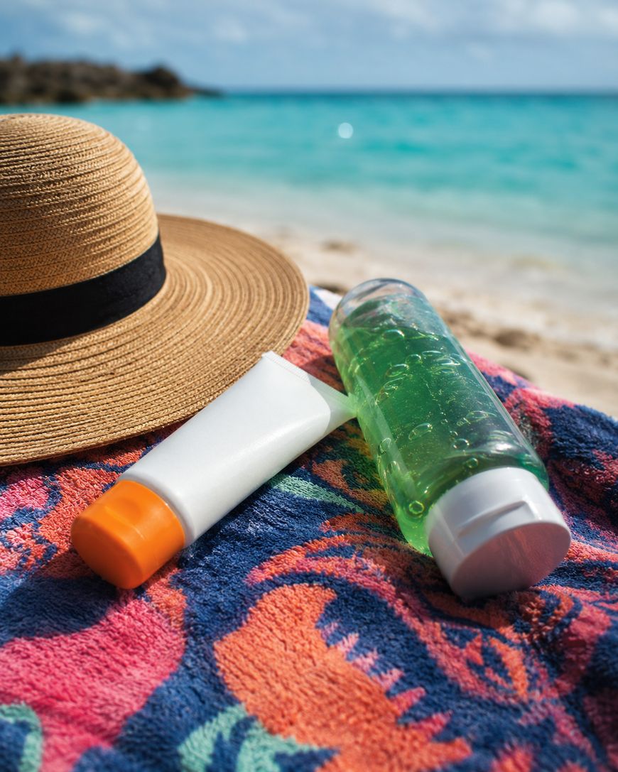 A straw hat, a white sunscreen tube with an orange cap, and a clear bottle of green gel rest on a colorful beach towel by the sea, with sand and ocean waves in the background.