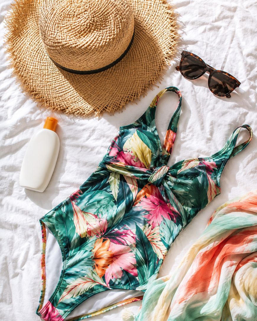 Flat lay of summer beach essentials: a straw hat, tortoiseshell sunglasses, a bottle of sunscreen, a colorful tropical floral swimsuit, and a light, airy scarf on a white textured background.