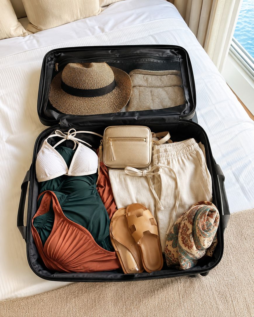 An open suitcase on a bed contains a straw hat, beige bag, white bikini top, rust and green swimsuits, beige shorts, tan sandals, and a patterned pouch, with a window and water visible in the background.