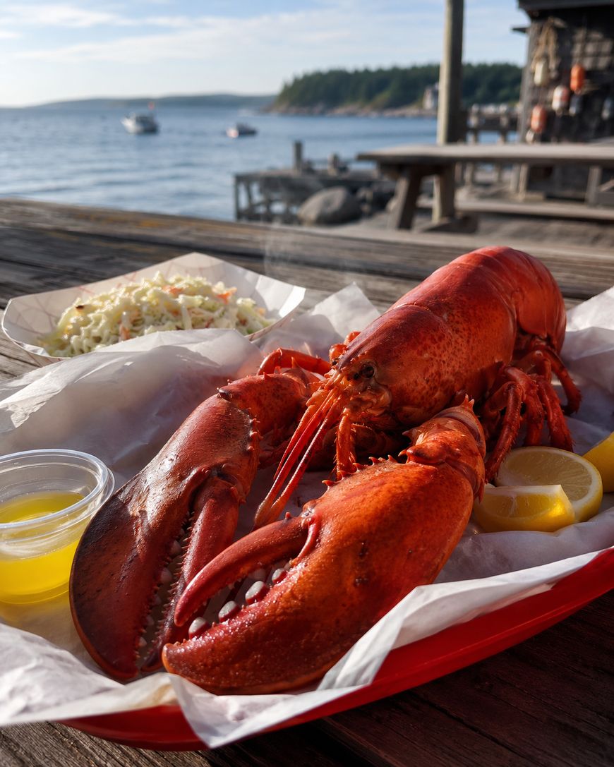 A cooked whole lobster served on a red tray with lemon wedges, melted butter, and a side of coleslaw, set on a wooden table by the seaside with boats and trees in the background.