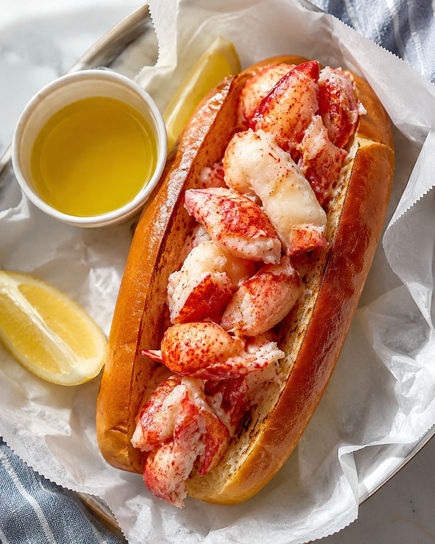 A lobster roll filled with chunks of lobster meat in a toasted bun, served on parchment paper with a cup of melted butter and a lemon wedge on the side.