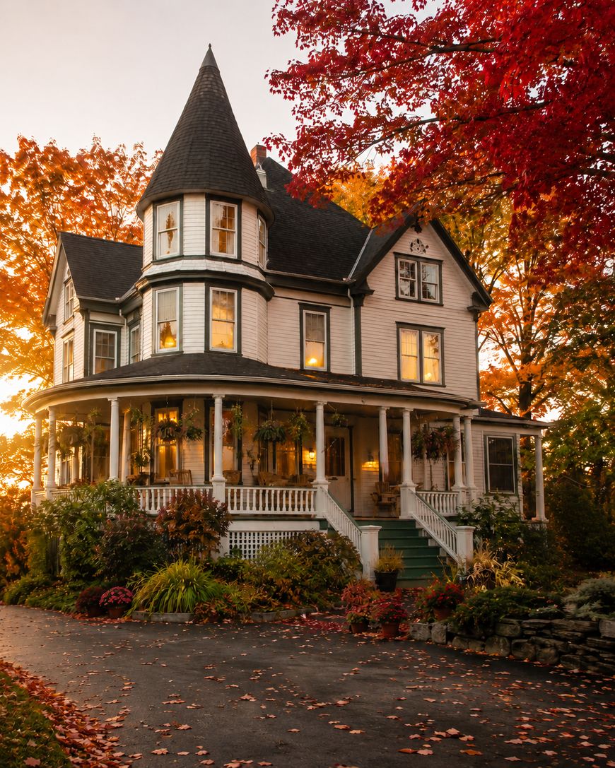 A charming Victorian-style house with a wraparound porch, turret, and large windows, surrounded by colorful autumn trees and fallen leaves, warmly lit from within at sunset.