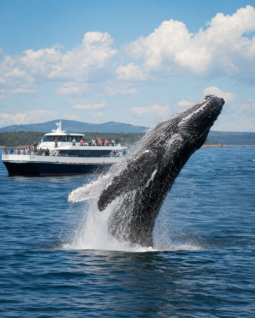 A large whale breaches out of the ocean, splashing water, while a boat full of people watches nearby under a partly cloudy sky.