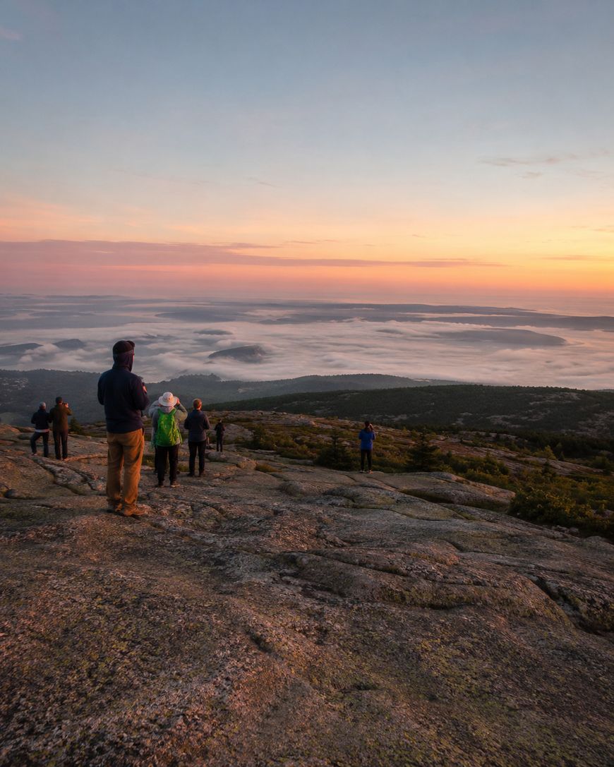 People stand on a rocky mountaintop at sunrise, overlooking a vast landscape of rolling hills and low clouds beneath a colorful sky. The scene conveys a peaceful, scenic view from above.