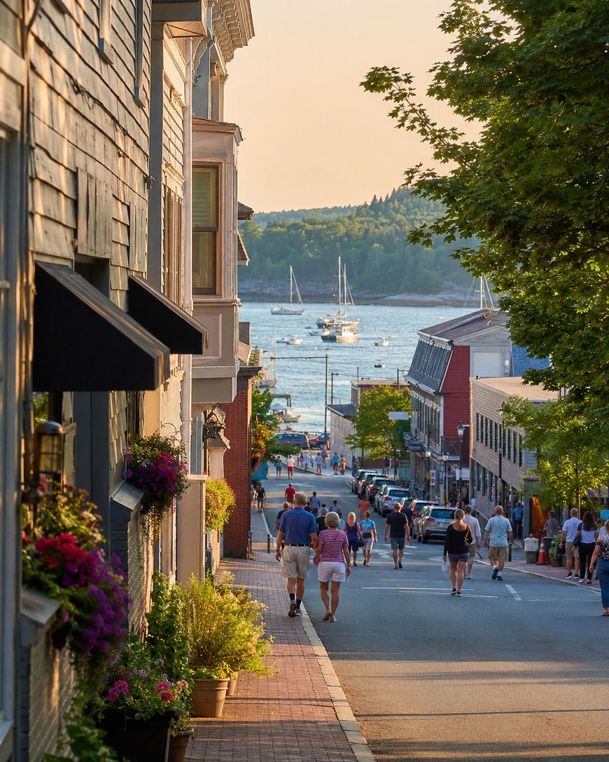 People stroll down a charming, sloped street lined with shops and flowers toward a harbor filled with sailboats, with trees and distant hills under a warm evening sky.