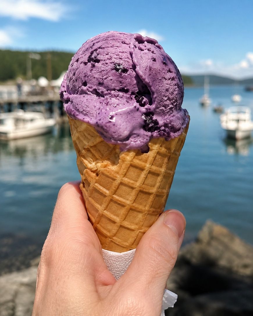 A hand holds a waffle cone with a scoop of purple ice cream, with a marina, boats, and calm water in the background under a blue sky.