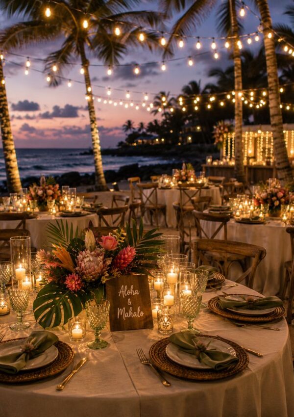 Elegant outdoor beach wedding setup under palm trees at sunset, with string lights, round tables adorned with floral centerpieces and candles, tropical tableware, and an “Aloha & Mahalo” sign—perfect for unforgettable wedding ideas by the ocean.
