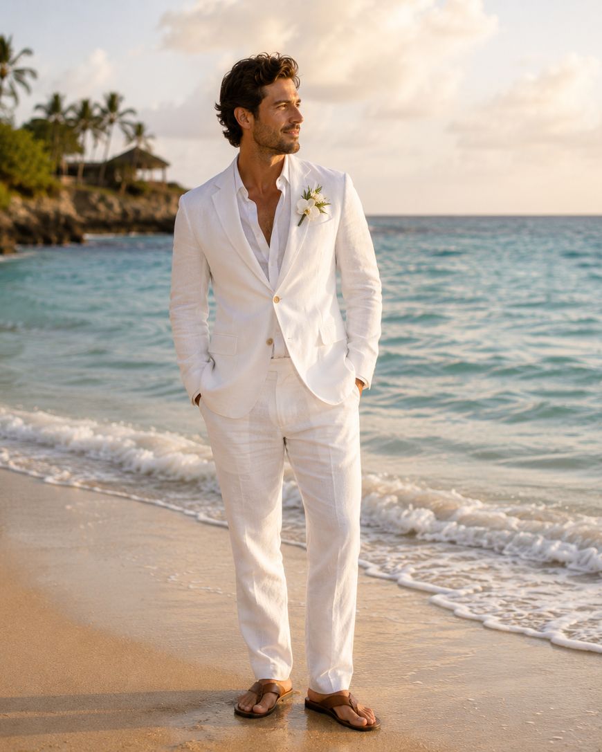 A man in a white suit with a boutonniere stands barefoot on a beach at sunset, looking away from the camera. The ocean waves and palm trees are visible in the background.