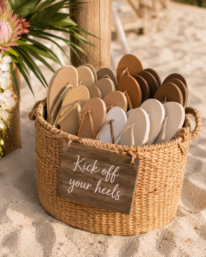 A woven basket filled with assorted neutral-colored flip-flops sits on sand. A wooden sign hanging on the front reads Kick off your heels. Tropical flowers and greenery are visible nearby.
