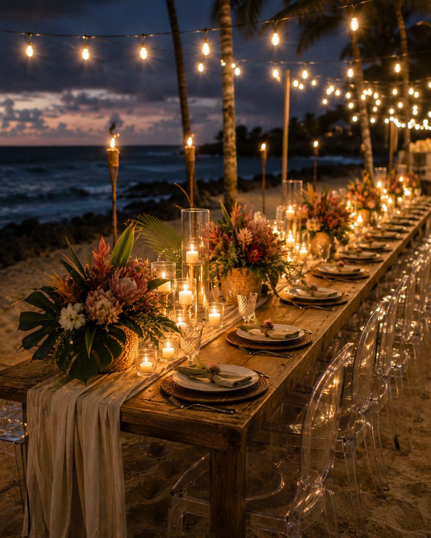 A long wooden table set for dinner on the beach at sunset, decorated with candles, flowers, and string lights overhead, with ocean waves and palm trees in the background.