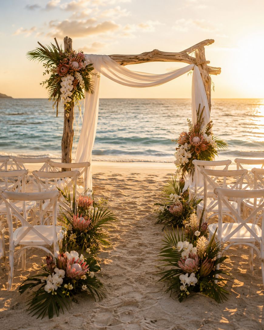 A wooden wedding arch decorated with flowers and white fabric stands on a sandy beach at sunset, with rows of white chairs on either side and tropical floral arrangements lining the aisle, overlooking the ocean.