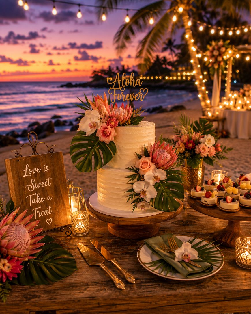 A tropical beach wedding scene at sunset features a white cake decorated with pink flowers and greenery. A sign reads Love is sweet, take a treat. Desserts, candles, and string lights add to the festive, romantic atmosphere.